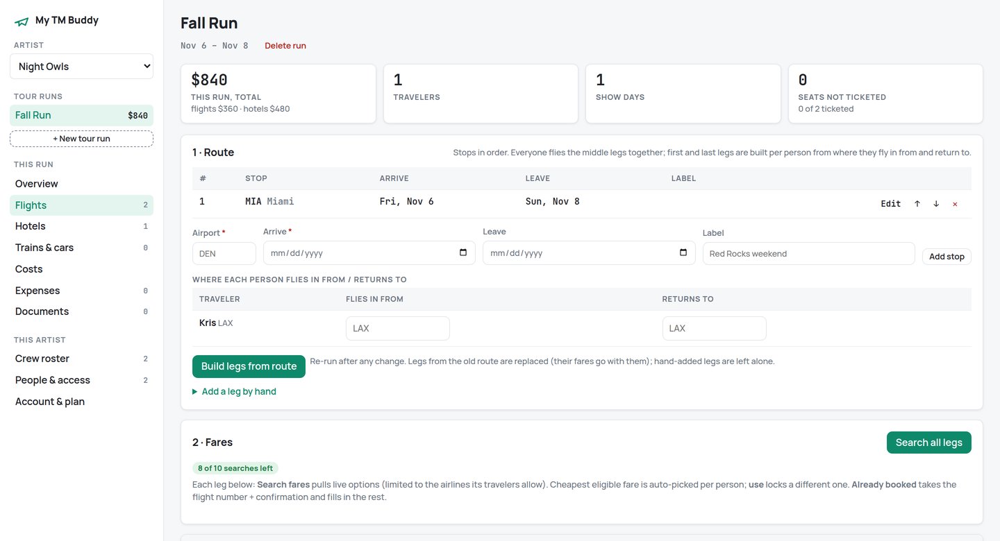 TM Buddy flights view: legs per traveler with live fares